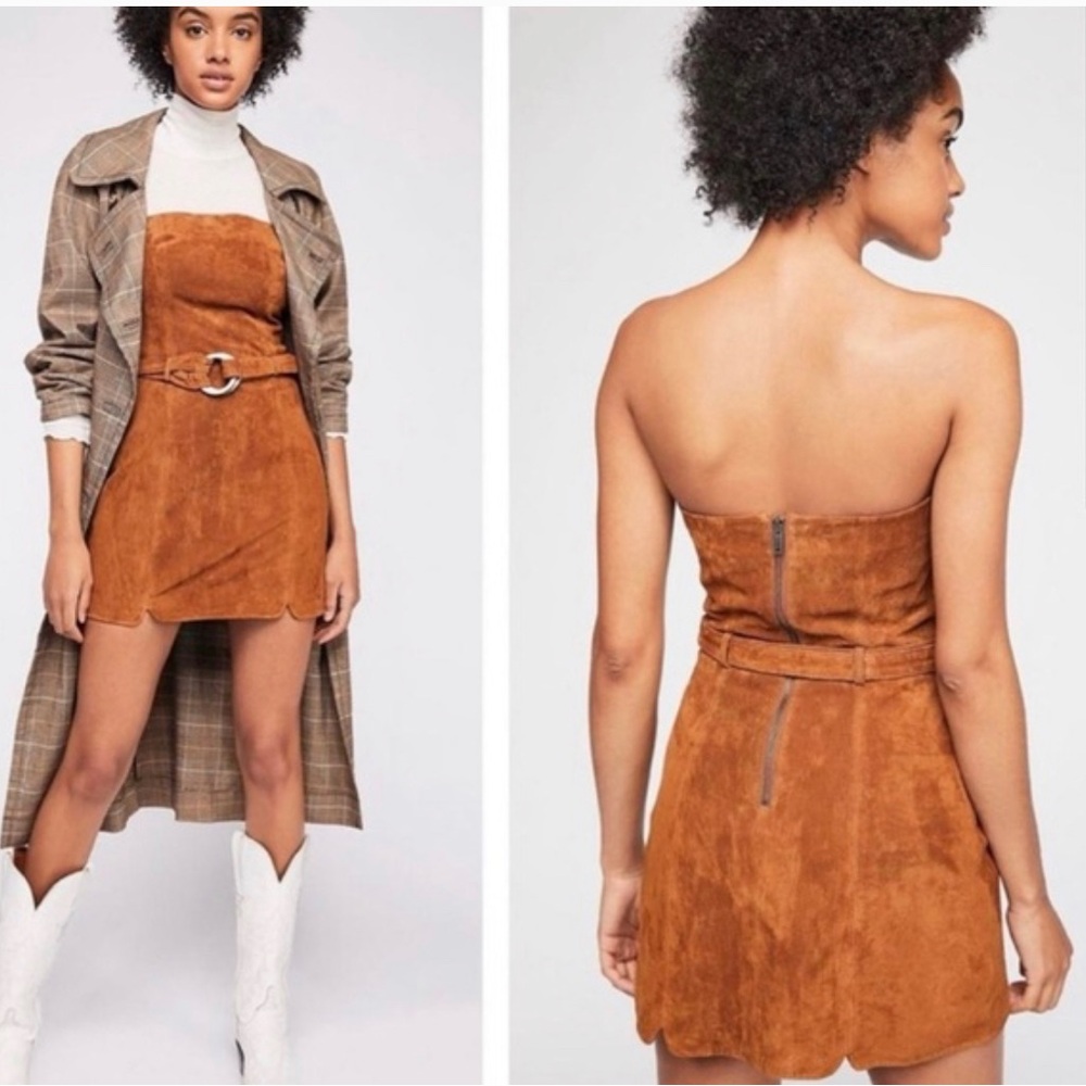 Suede Strapless Mini Dress - Brown